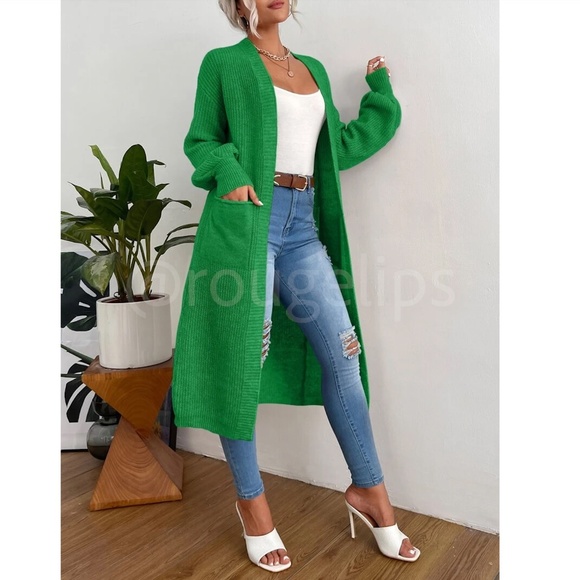 Green Duster Cardigan Front Pockets Cable Knit Long Sleeve Midi Length - Picture 6 of 9